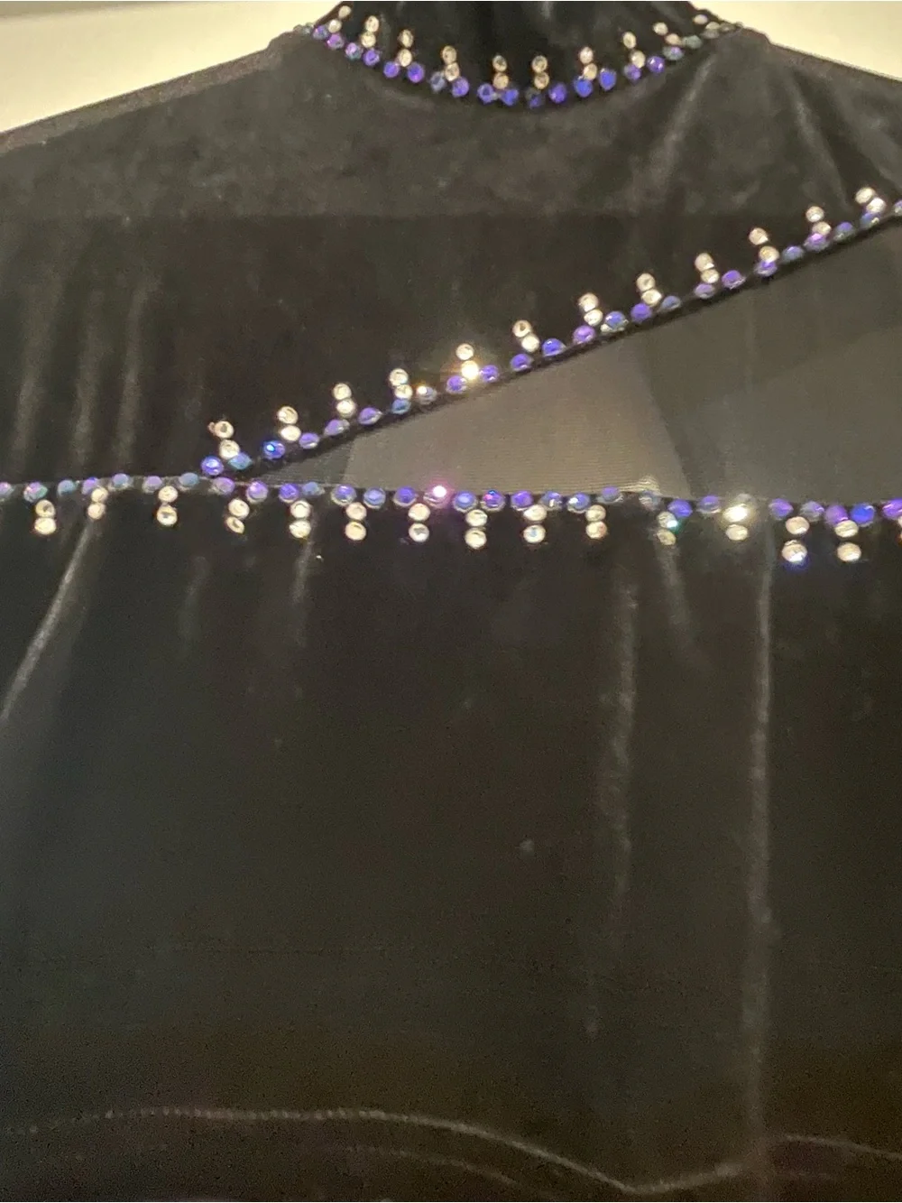 Custom Jazz Costume - Black Velvet Jumpsuit Trimmed in Purple Swarvoski Crystals